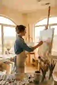 Hình ảnh do AI tạo ra về một nữ họa sĩ đang vẽ phong cảnh sa mạc trên canvas trong studio nghệ thuật ngập tràn ánh nắng. Mẫu cho trình tạo ký tự South Park.