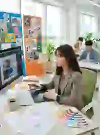 Hình ảnh do AI tạo ra về một nữ nhà thiết kế đồ họa đang làm việc trên máy tính bảng kỹ thuật số tại bàn làm việc với các bản phác thảo và mẫu màu trong một văn phòng sáng sủa. Mẫu cho trình tạo ký tự South Park.