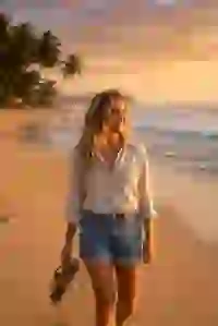 Hình ảnh do AI tạo ra về một người phụ nữ đang đi dạo thư thái trên bãi biển với cặp scandal trên tay. Mẫu cho trình tạo ký tự South Park.