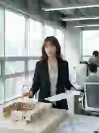 Hình ảnh do AI tạo ra về một nữ kiến ​​trúc sư đang trình bày mô hình tòa nhà trong khi cầm bản thiết kế trong một văn phòng hiện đại. Mẫu cho trình tạo ký tự South Park.