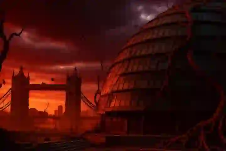AI-generated image of London City Hall and Tower Bridge overtaken by dark red vines and thorny roots, set against a post-apocalyptic, stormy backdrop with a decaying urban landscape.