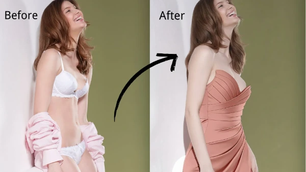 La ropa de IA intercambia en línea gratis, una hermosa mujer blanca rubia se cambia de ropa, con sus manos permaneciendo naturales.