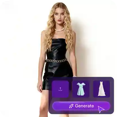 Modelfoto af en kvinde med blonde uldkrøller i sort kjole med et klistermærke, der viser tøjbytteprocessen, brugt som materiale i en tøjbyttevejledning.