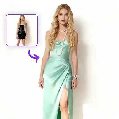 Tøjbyttet billede af en kvinde med blonde uldkrøller i en mintgrøn kjole, med et sammenligningsklistermærke, der viser looket før byttet, brugt som materiale i en tøjbyttevejledning.