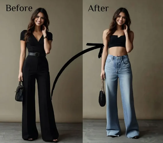 This is a girl with long wavy hair using a clothes swapper AI. Before the clothes swap, she was in a professional outfit, and after, she looks much more casual and stylish.
