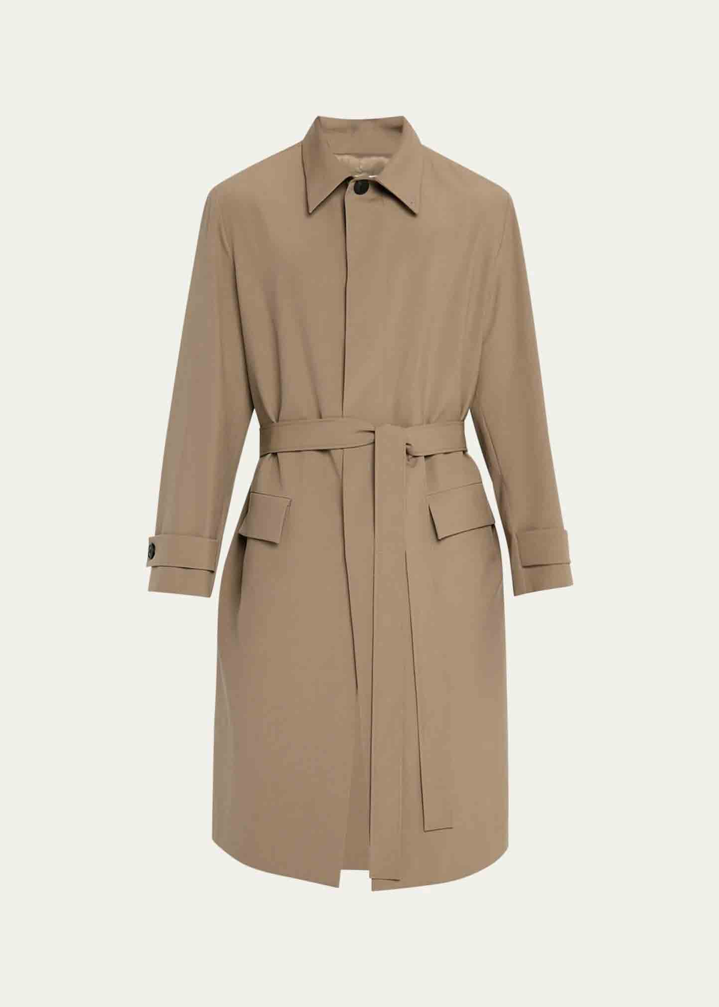 La gabardina marrón clásica de este hombre es un ejemplo de intercambio de ropa, ideal para cambios rápidos de ropa usando AI.