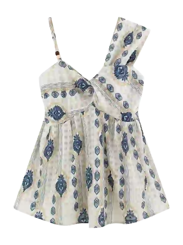 AI kıyafet değişimi için şablon olarak kullanılan, asimetrik askılı, çiçek desenli kolsuz üst.