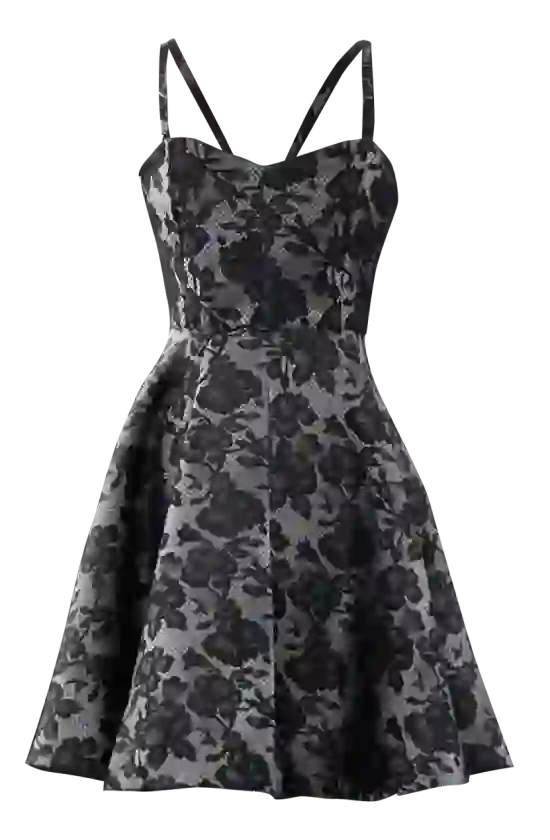 AI kıyafet değişimi için şablon olarak kullanılan, siyah çiçekli, kolsuz, V yaka, bele oturan geniş elbise.