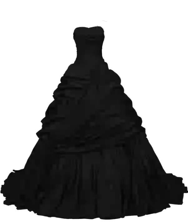 AI kıyafet değişimi için şablon olarak kullanılan, fırfırlı katmanlı balo elbisesi eteğine sahip siyah askısız elbise.