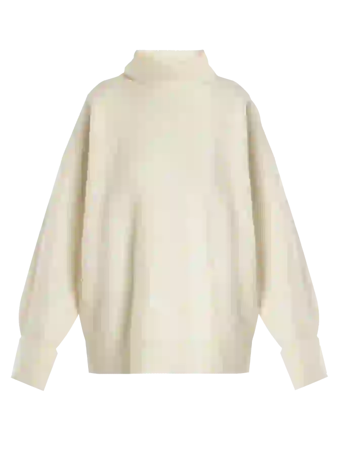 AI kıyafet değişimi için şablon olarak kullanılan, krem ​​rengi balıkçı yakalı örgü kazak.