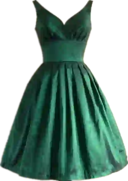 AI kıyafet değişimi için şablon olarak kullanılan, koyu yeşil, kolsuz, V yakalı, bele oturan geniş elbise.