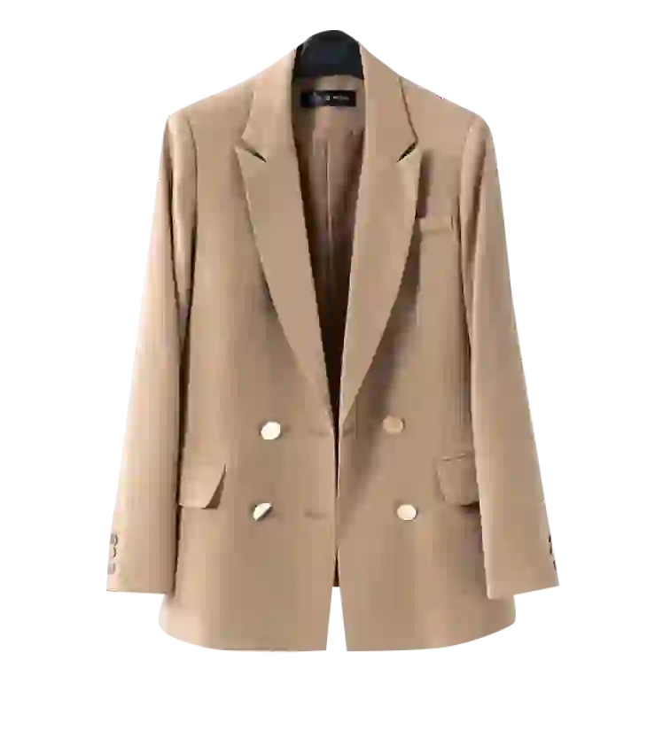 AI kıyafet değişimi için şablon olarak kullanılan haki kruvaze ceket.