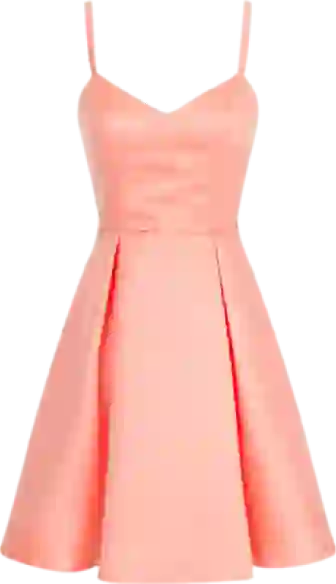 AI kıyafet değişimi için şablon olarak kullanılan, pembe kolsuz V yaka, bele oturan geniş elbise.