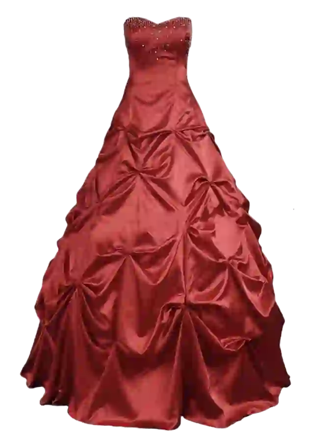 AI kıyafet değişimi için şablon olarak kullanılan, dantelli çiçek detaylı, bele oturan kırmızı askısız elbise.