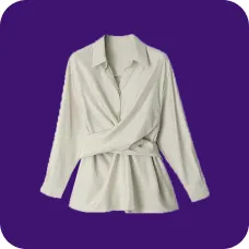 En hvid langærmet bluse med bindebånd i taljen, skabelon til AI-tøjbytte.