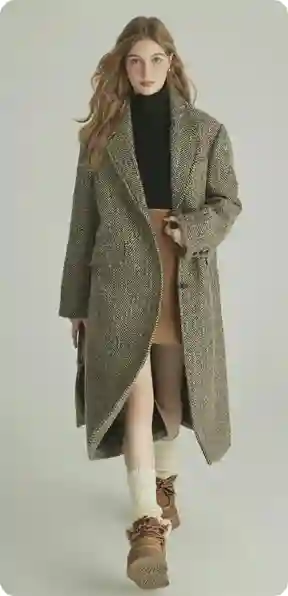 En kvinde i en lang grå frakke og sort rullekrave med brune sko, model for AI-tøjbytte.