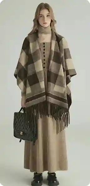 En kvinde i en ternet poncho og lang beige nederdel, bærende en sort taske, model for AI-tøjbytte.