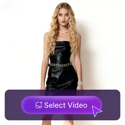 Modelfoto af en kvinde med blonde uldkrøller i en sort kjole med et klistermærke, der viser knappen 'vælg video', brugt som materiale i en tøjbyttevejledning.