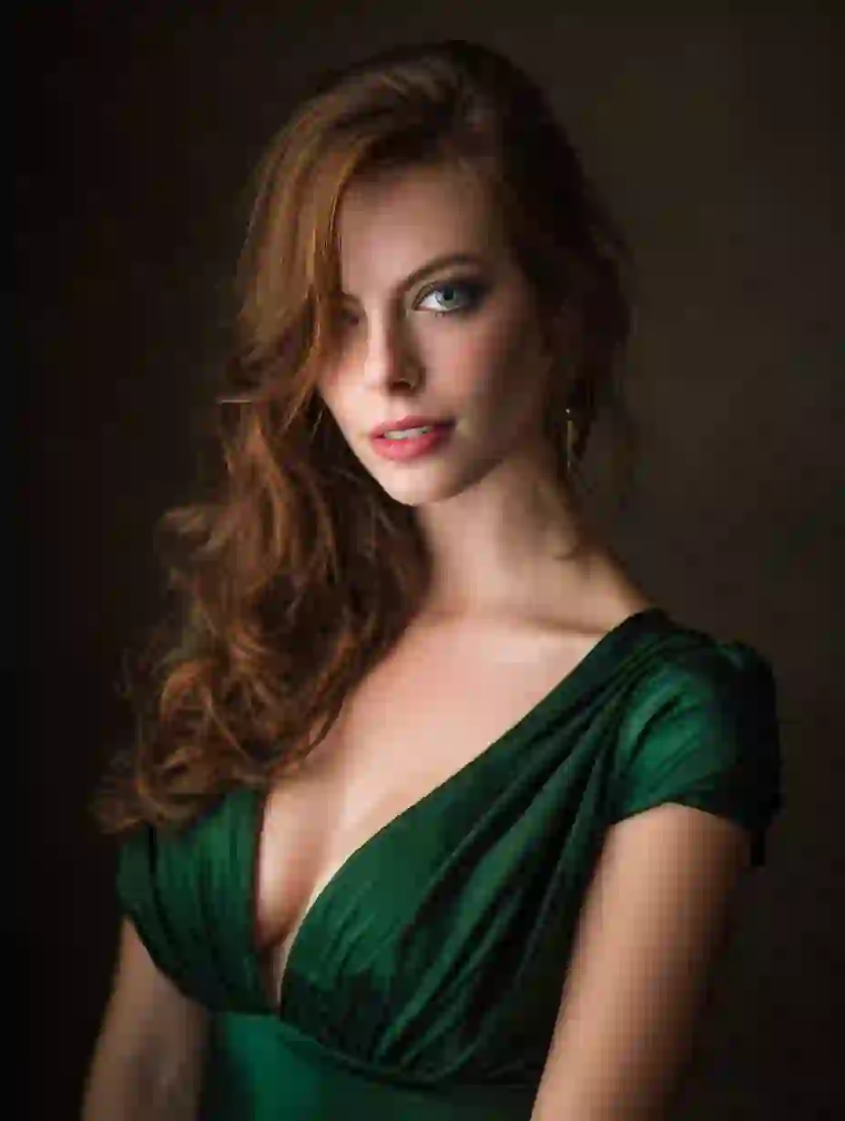 녹색 드레스를 입은 갈색 머리 여자는 어두운 배경의 카메라를 향해 웃고 있습니다. Undress AI용 템플릿입니다.