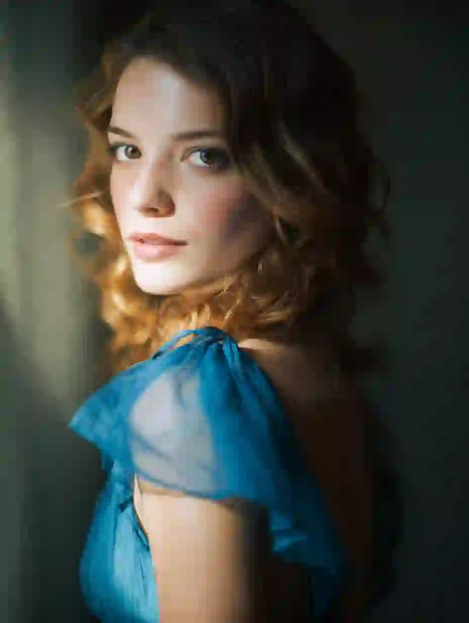 스튜디오에서 포즈를 취하는 파란색 등이 없는 드레스를 입은 금발 웨이브 머리를 가진 아름다운 여성의 초상화. Undress AI용 템플릿입니다.