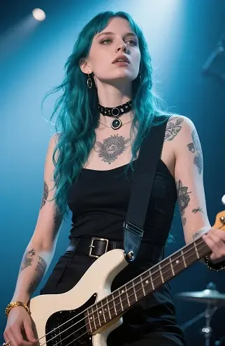 Vrouwelijke bassist met blauw haar en tatoeages versterkt door AI-beeldgenerator