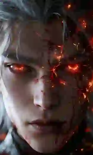 Close-up van een man met lang, grijs haar en een vastberaden uitdrukking. Zijn gezicht is bedekt met bloed en barsten waar licht in flikkert, en zijn ogen branden van vurig rood licht - een sjabloon voor het gereedschap van beeld tot beeld.
