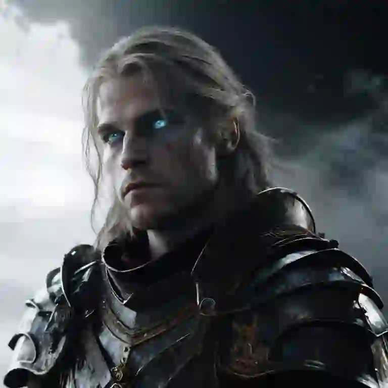 Halflichaamsportret van een man met gloeiende ijsblauwe ogen en lang golvend blond haar in harnas, met een schemerige lucht op de achtergrond. Een sjabloon voor het hulpmiddel van afbeelding naar afbeelding.