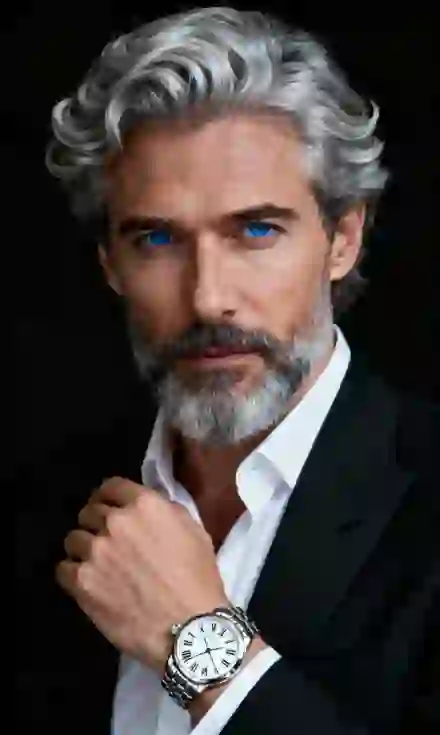 Door AI gegenereerd portret van een man met golvend, zilvergrijs haar, blauwe ogen, zwart pak en een luxueus zilveren polshorloge, poserend voor de camera. Een sjabloon voor het hulpmiddel van afbeelding naar afbeelding.