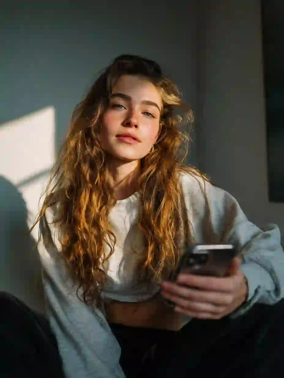 금발 웨이브 머리에 회색 크롭 탑, 검은색 바지를 입고 앉아서 카메라를 응시하고 있는 여성의 초상화. Undress AI용 템플릿입니다.