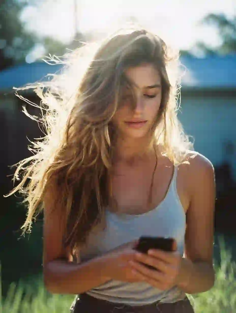 회색 탱크탑을 입고 햇빛 속에 서서 휴대폰을 바라보는 여성의 초상화. Undress AI용 템플릿입니다.