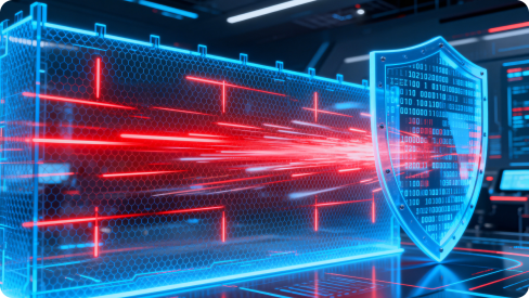 Digital illustration of red data streams rushing toward a blue shield in a futuristic tech environment, demonstrating privacy and cybersecurity protection.
