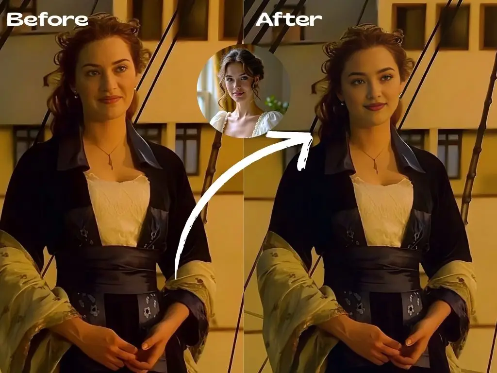 Here's a memorable scene from Titanic, with the female lead standing on the deck of the ship, dressed in a sleek black gown. The online video face swap seamlessly swapped her face with another woman's.