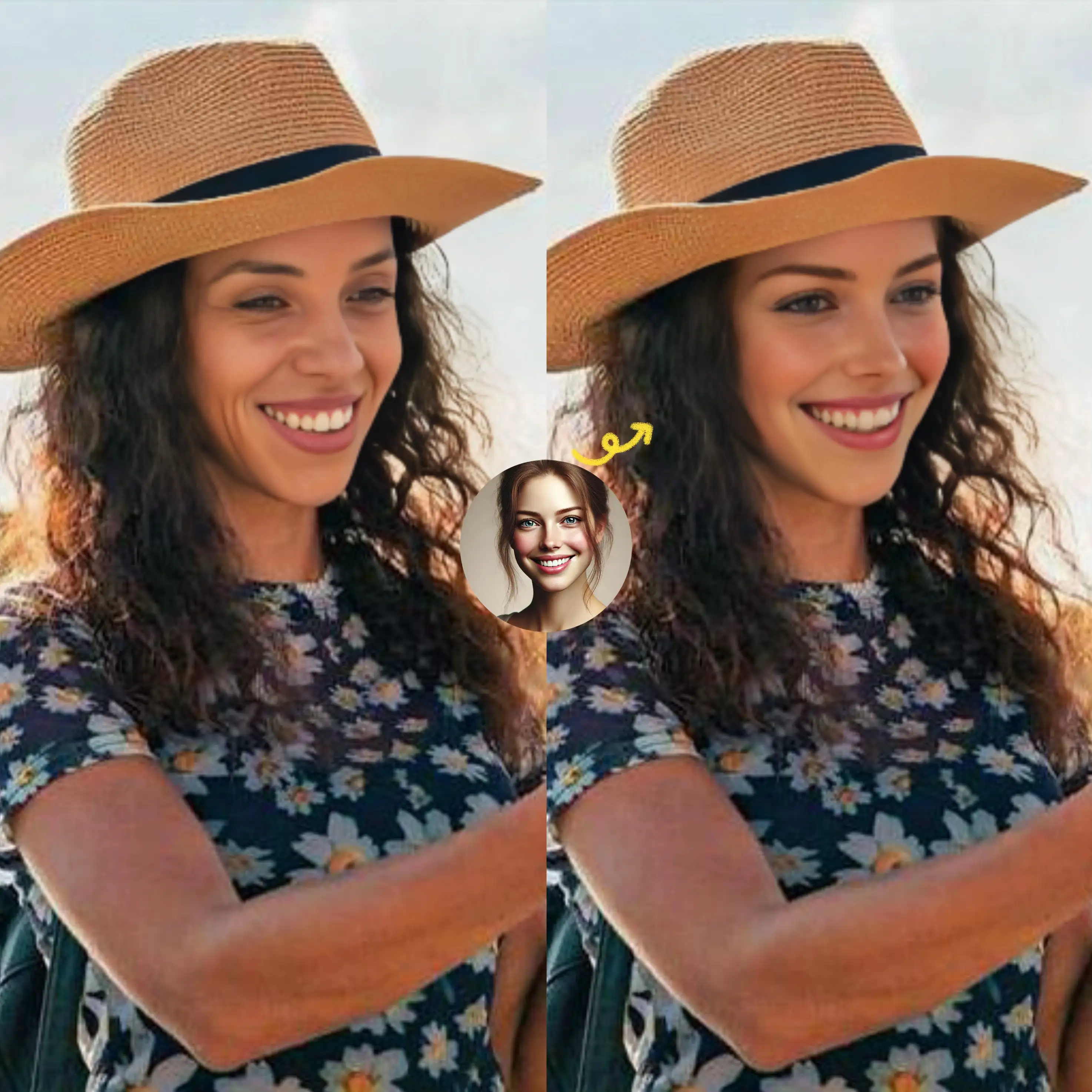 Replace the face of a middle-aged woman with that of a young girl.