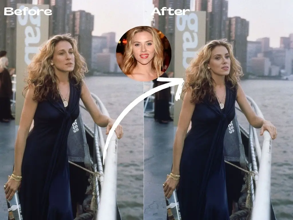 In this scene from Sex and the City, Carrie stands by the shore, lost in thought, her golden curls blowing in the breeze. Our AI tool swapped her face with actress Scarlett Johansson's, and it's all free!