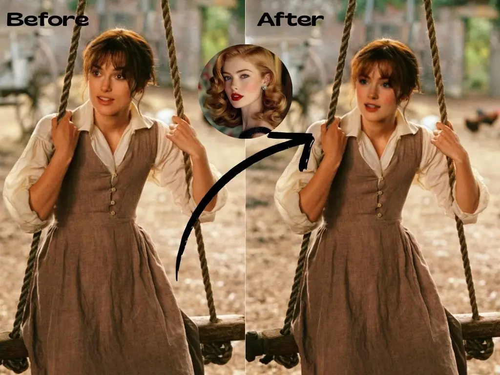 Here's a video clip from Pride and Prejudice, where the female lead is sitting on a swing. After using the video face swap tool, we see a comparison with her face swapped out successfully.