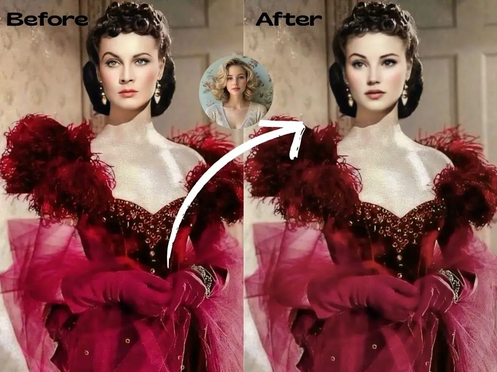 Here's an iconic scene from Gone with the Wind, where Scarlett, in a stunning red dress, stands on the staircase. The AI video-face-swapper swapped Scarlett's face with that of another beautiful woman.