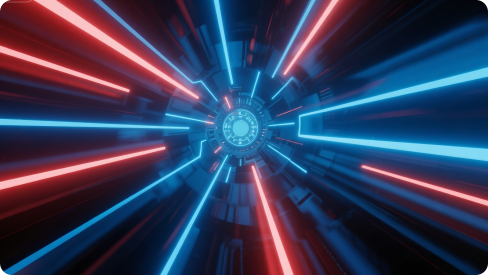 A futuristic tunnel with red and blue neon light streaks, creating a sense of high-speed motion and high-tech atmosphere.