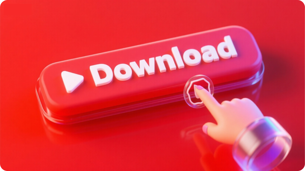 En rød 3D-downloadknap på en rød baggrund med et 3D-håndikon, der peger på den.