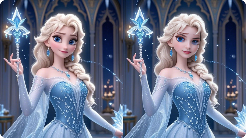 Sammenligning mellem den originale Elsa, der holder en glødende blå magisk pind, og den med ansigtet udskiftet.