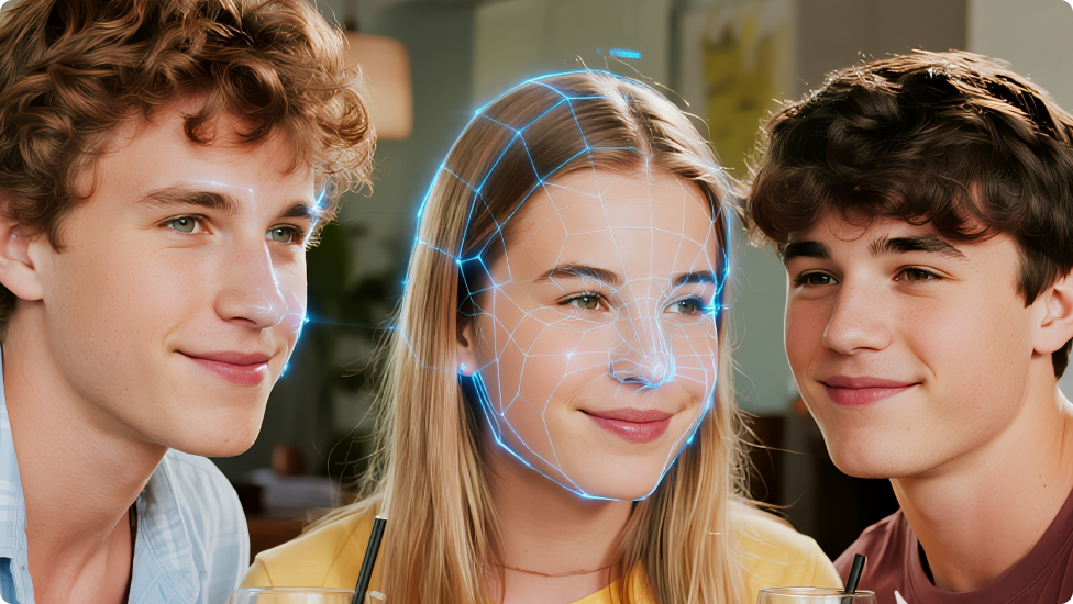 Et gruppebillede af to drenge og en pige med blå neonlys på pigens ansigt for at demonstrere ansigtsgenkendelsesteknologi.
