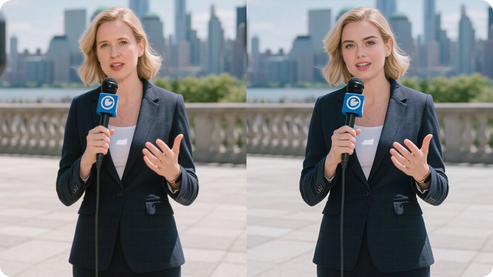 Sammenligning mellem den blonde kvindelige interviewer, der taler udendørs, og versionen med ansigtet byttet om.