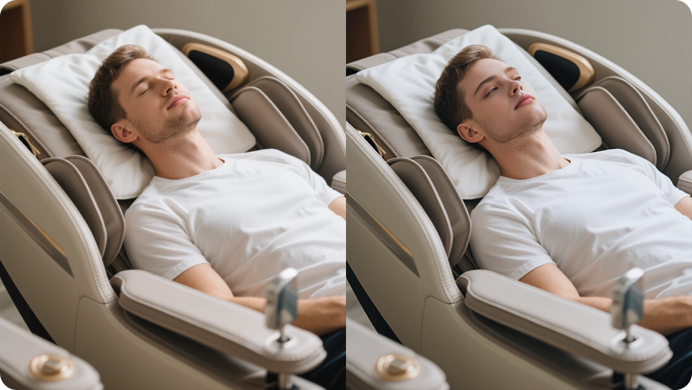 Sammenligning mellem manden liggende på en massagestol og versionen med ansigtet byttet om.