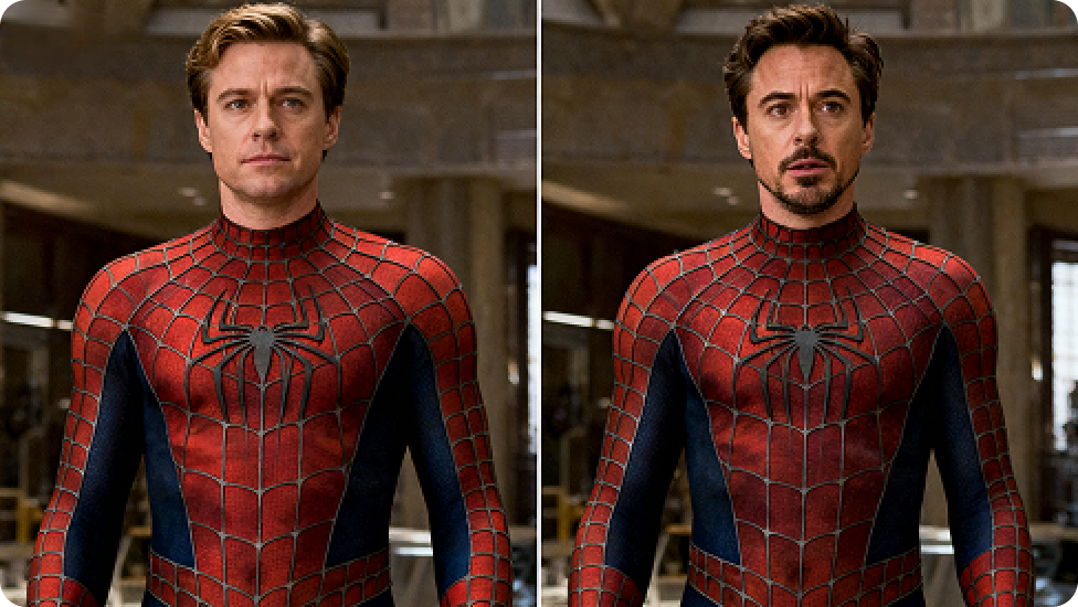 Sammenligning mellem den originale Spiderman-scene og versionen med ansigtsbyttede billeder.