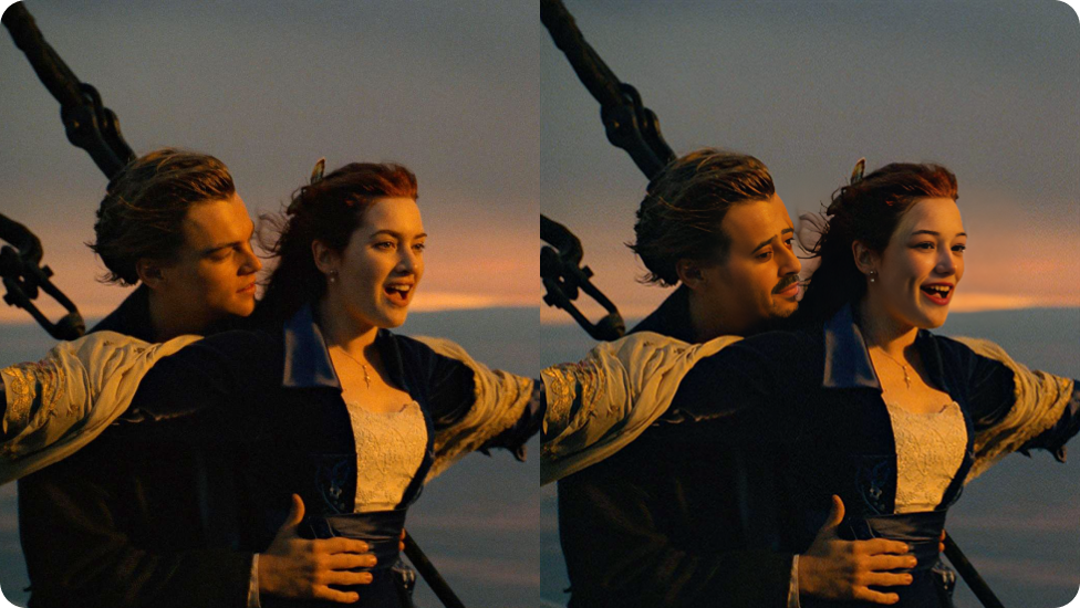 Sammenligning mellem den originale Titanic-scene, hvor Jack og Rose krammer, og scenen med ansigter byttet om.