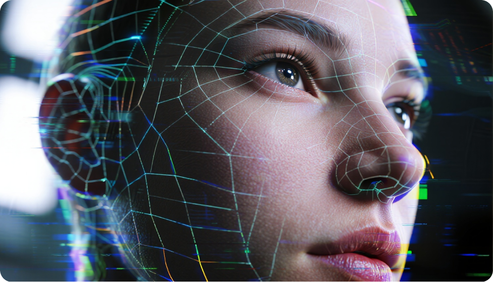 Et menneskeansigt i wireframe-stil, der repræsenterer ansigtsgenkendelsesteknologi.