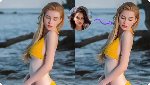 Comparison between the original girl in yellow bikini and the face-swapped one.